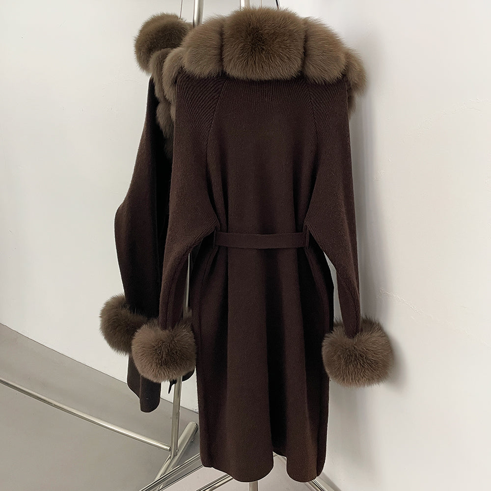 OFTBUY New Cardigan Autumn Winter Long Knit Clothing Women Loose Warm Belt Sweater Jacket with Real Fox Fur Collar and Cuffs