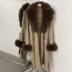 OFTBUY Winter Elegant Outerwear Warm Long Coat Lady New Women's Knit Coat with Large Real Fox Fur Collar Belted Cardigan Female