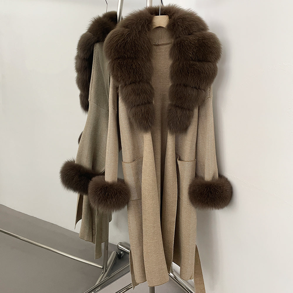 OFTBUY Winter Elegant Outerwear Warm Long Coat Lady New Women's Knit Coat with Large Real Fox Fur Collar Belted Cardigan Female