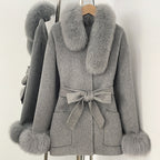 OFTBUY New Women's Wool Coat with Real Fox Fur Collar Cuffs Belted Bow Pockets Warm Winter Elegant Fashion Outerwear Female
