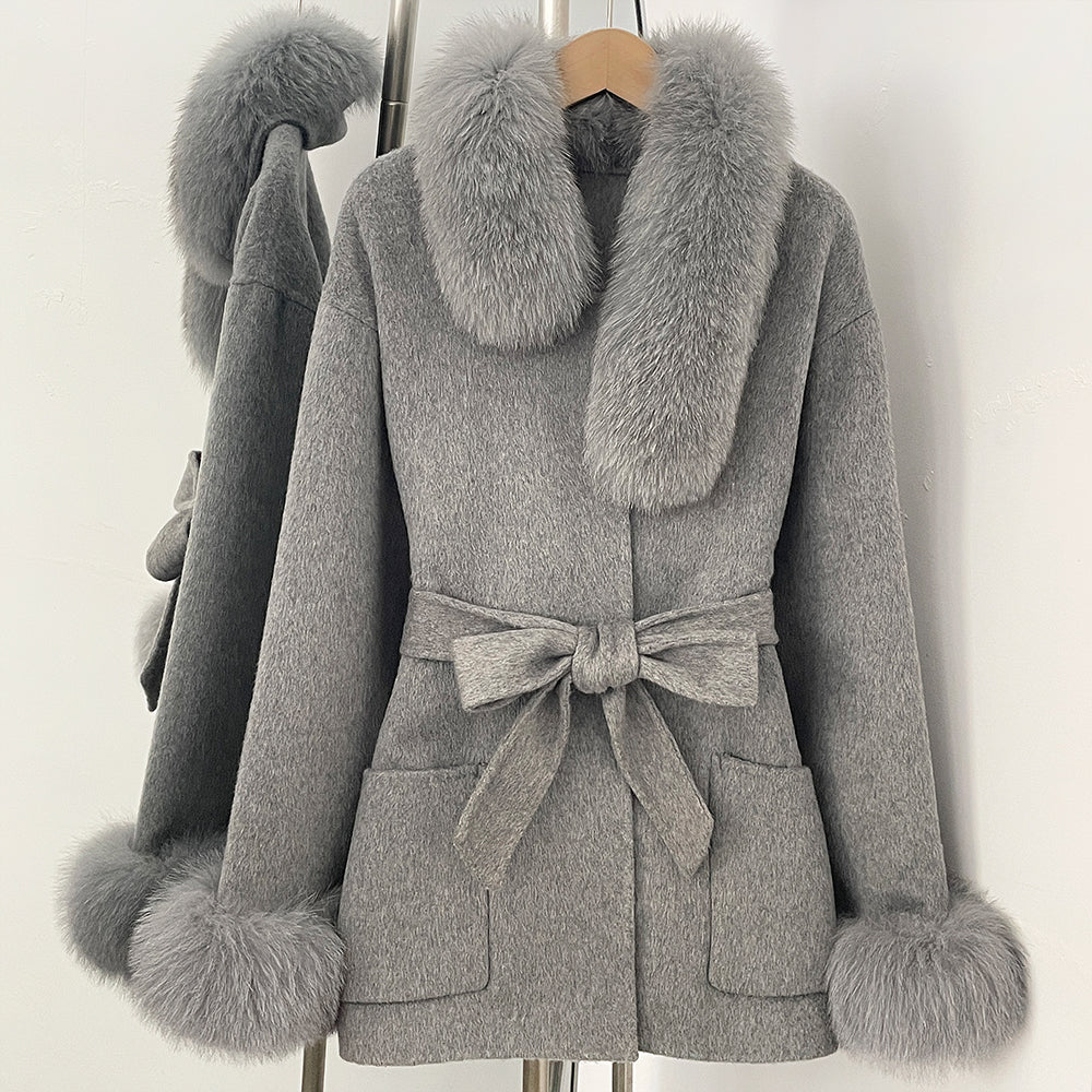 OFTBUY New Women's Wool Coat with Real Fox Fur Collar Cuffs Belted Bow Pockets Warm Winter Elegant Fashion Outerwear Female