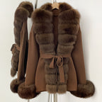 OFTBUY New Spring Autumn Clothing Women Fashion Real Fox Fur Kint Cardigan Female Belt Luxury Loose Fur Cuffs Sweater Jacket