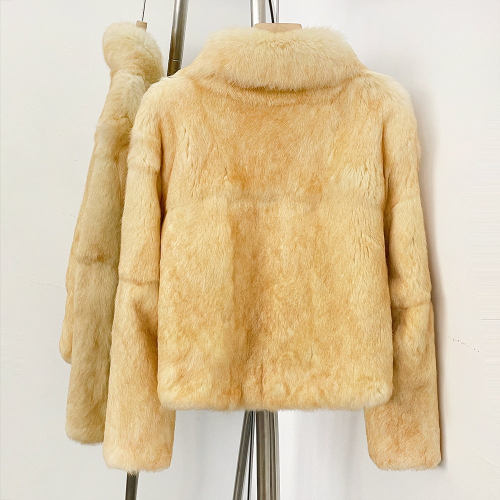 Back whole view of relaxed fit solid cream genuine rabbit fur cropped coat