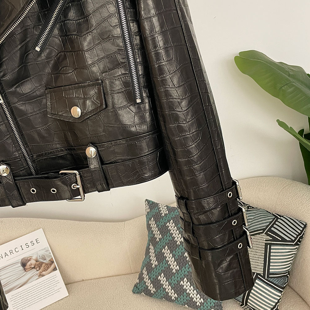 OFTBUY New Women's Genuine Leather Cropped Moto Jacket Crocodile Embossed Real Leather Biker Coat with Belt Punk Rock Outerwear
