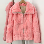 Soft baby pink zip up short jacket made of genuine real rabbit fur with oversized fold collar