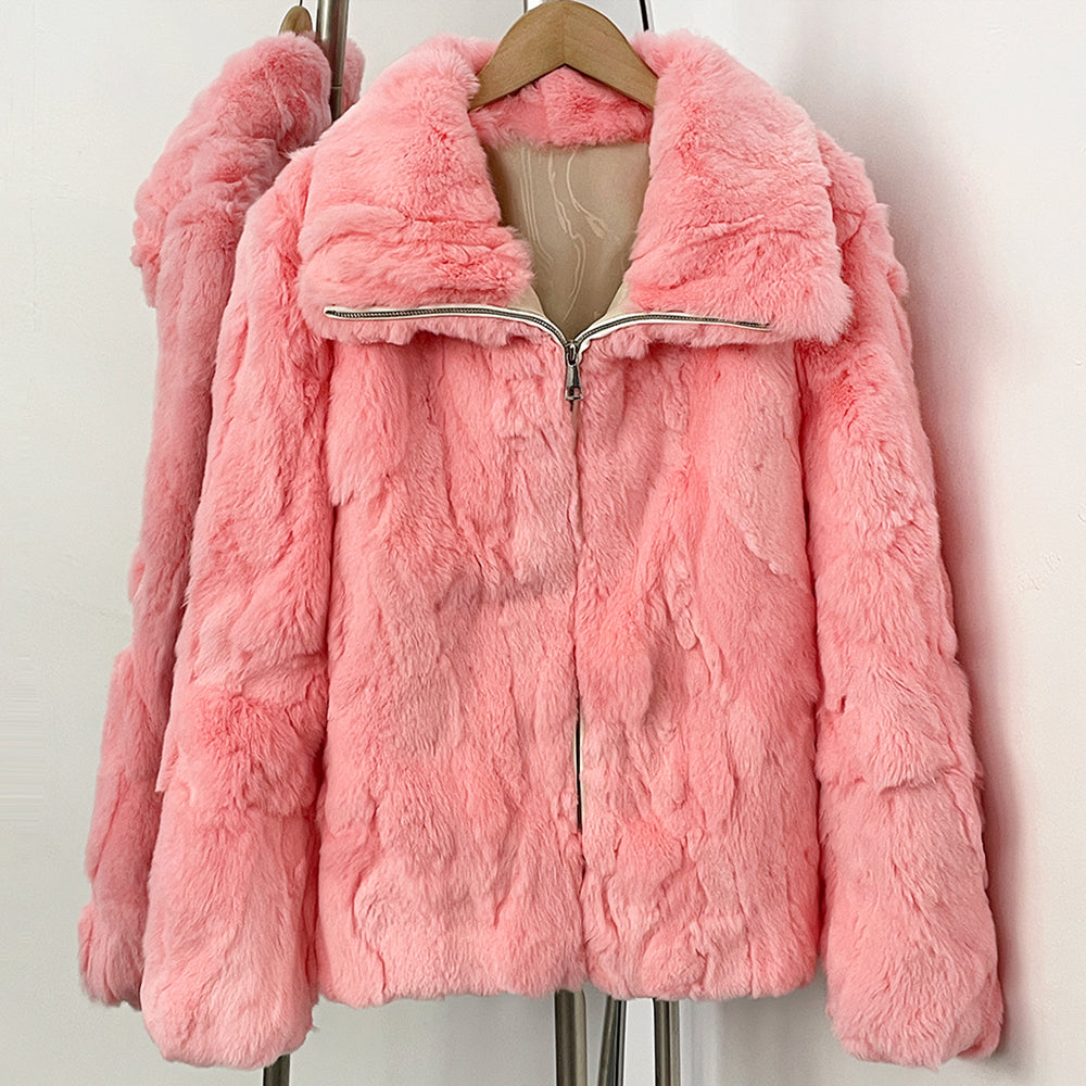 Soft baby pink zip up short jacket made of genuine real rabbit fur with oversized fold collar