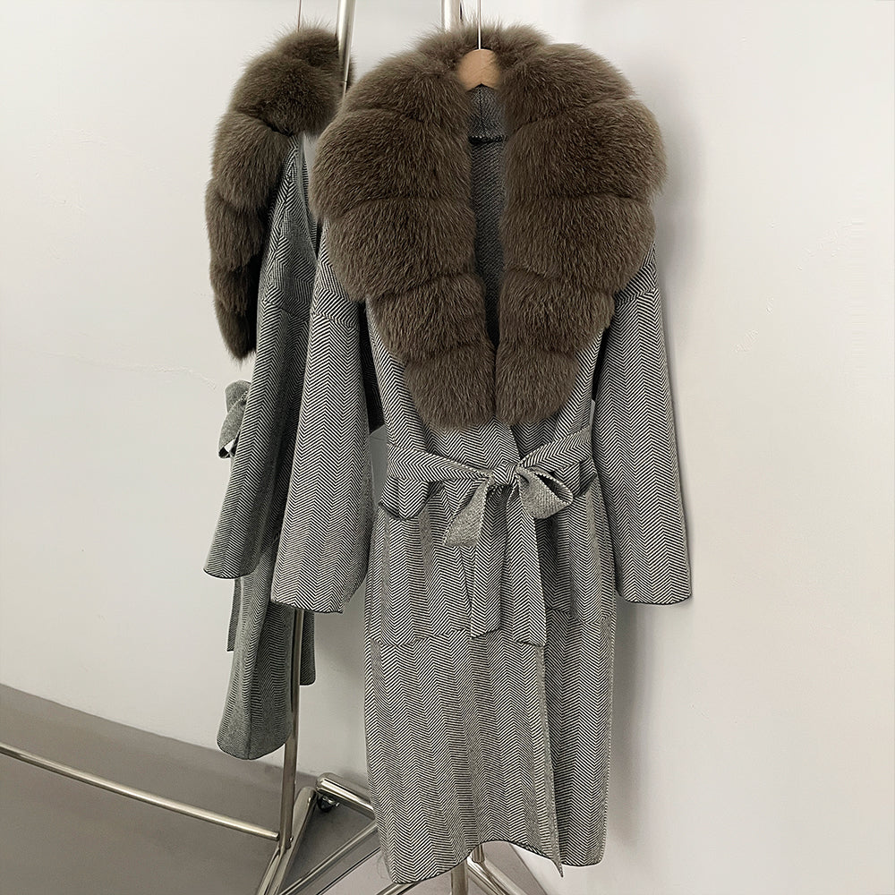 OFTBUY New Women's Knit Coat with Large Real Fox Fur Collar Belted Cardigan Female Winter Elegant Outerwear Warm Long Coat Lady