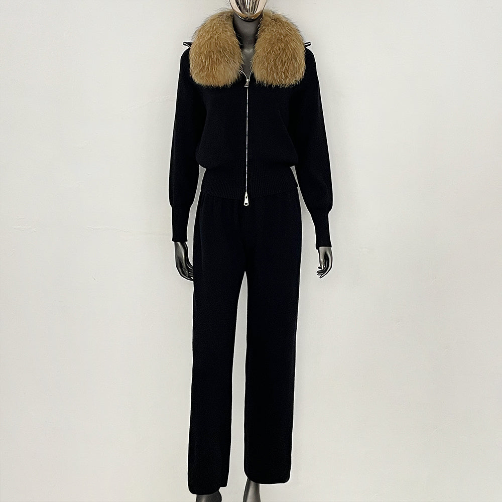 OFTBUY Winter New Women's Knitted Tracksuit Set with Fox Fur Collar Zipper Jacket Wide Leg Pants Luxury Casual Two-Piece Outfit