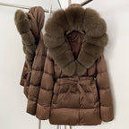 OFTBUY New Women's Duck Down Jacket with Large Real Fox Fur Hood Belted Waist Warm Winter Puffer Coat Lady Luxury Outerwear