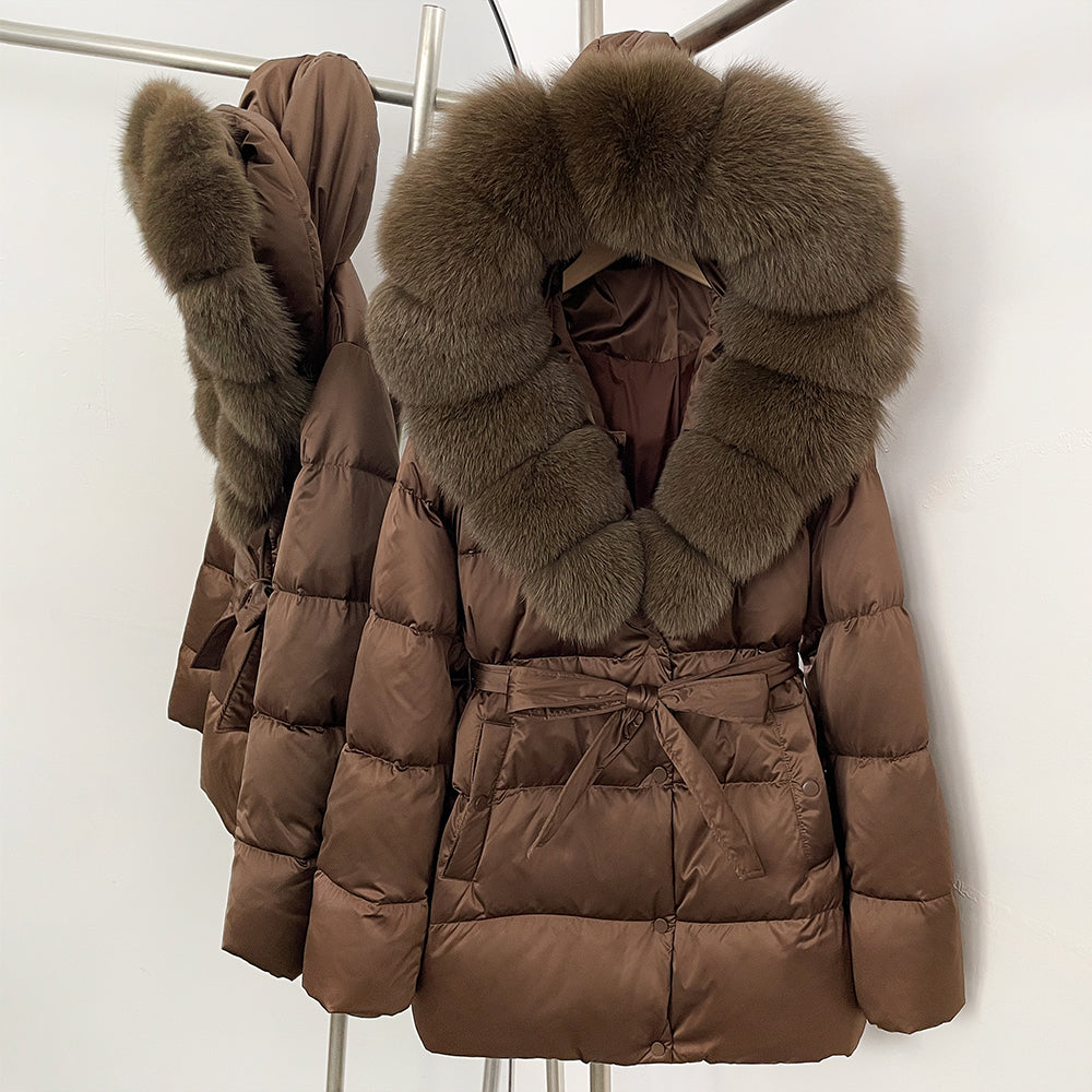 OFTBUY New Women's Duck Down Jacket with Large Real Fox Fur Hood Belted Waist Warm Winter Puffer Coat Lady Luxury Outerwear