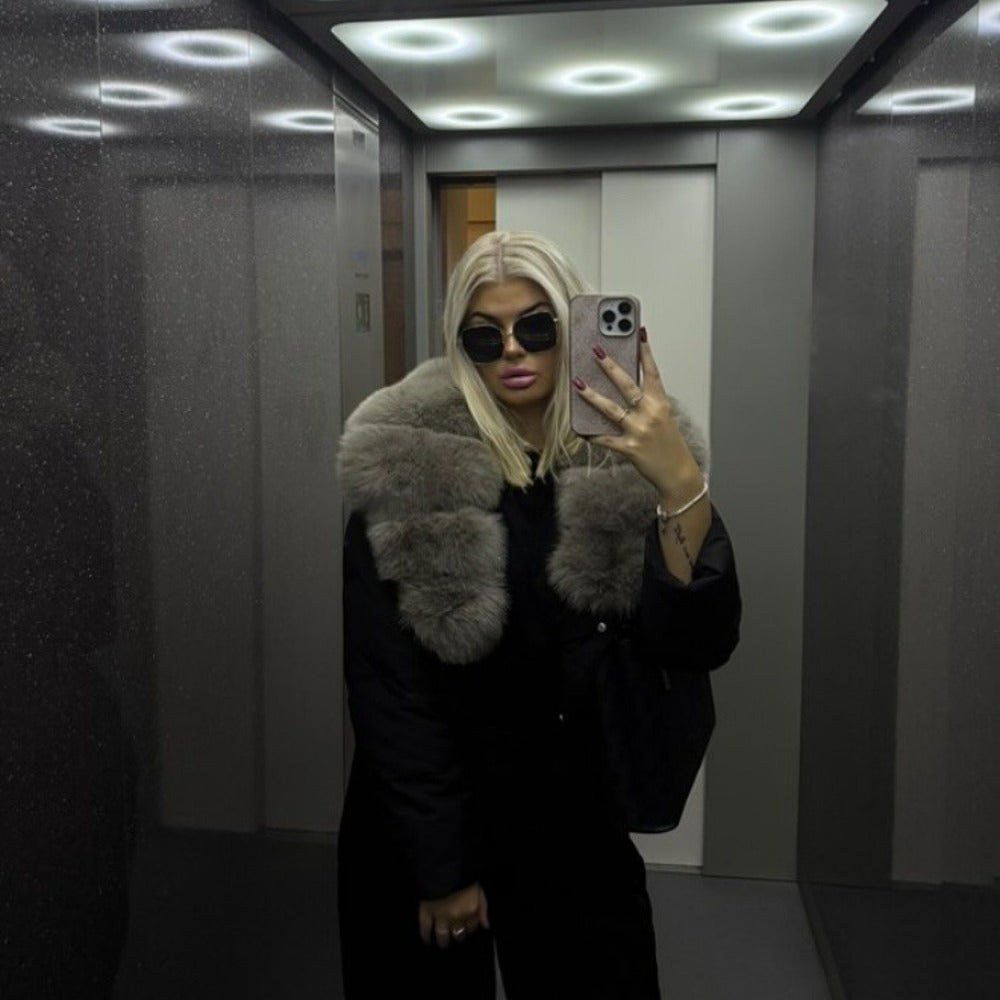 OFTBUY Luxury Cropped Puffer Jacket with Massive Real Fox Fur Collar - Premium 90% Duck Down Winter Coat