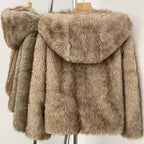OFTBUY Luxury Hooded Faux Fur Jacket - Premium Vegan Silver Fox Style Cropped Winter Coat