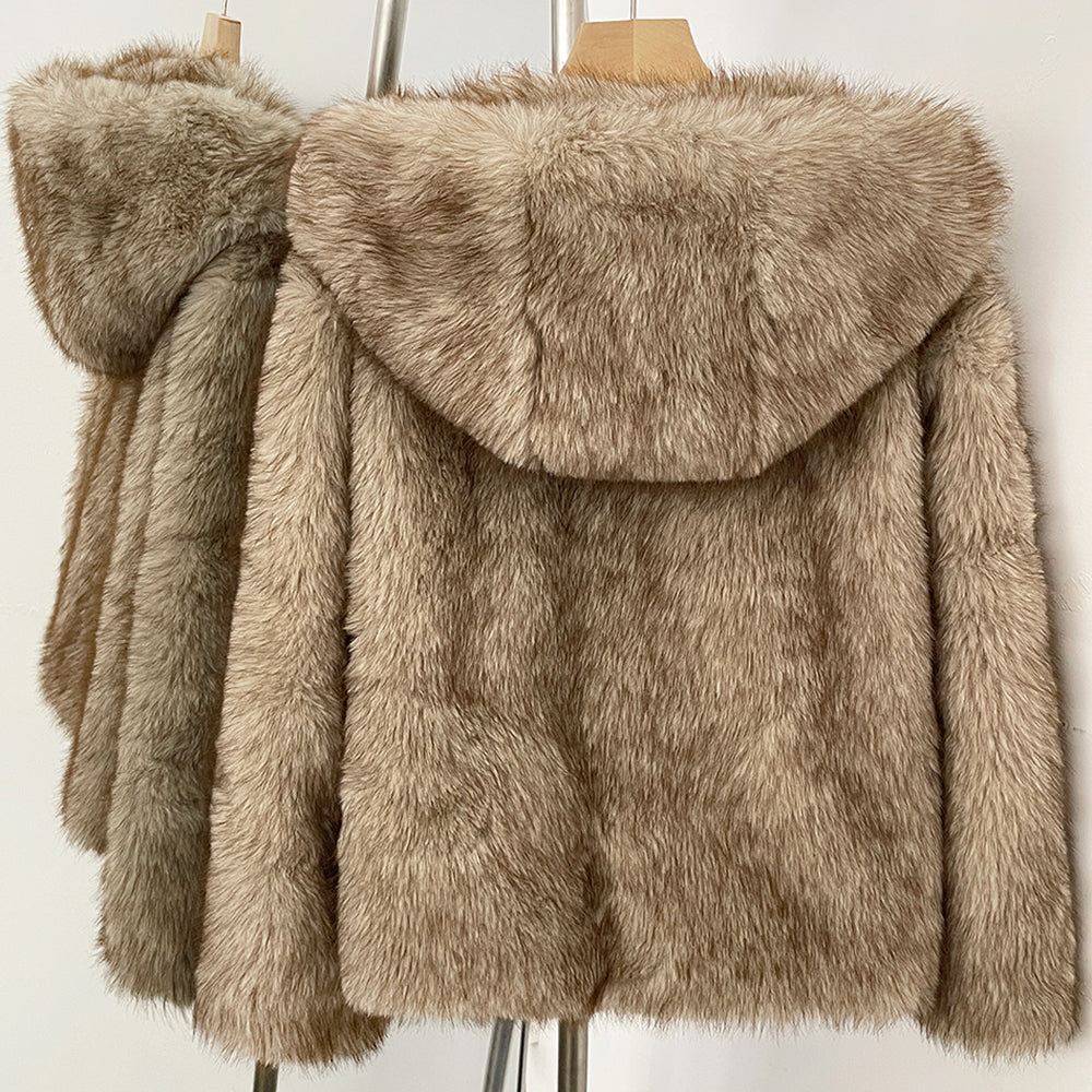 OFTBUY Luxury Hooded Faux Fur Jacket - Premium Vegan Silver Fox Style Cropped Winter Coat