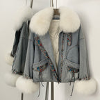 OFTBUY New Autumn Winter Clothes Female Real Fox Fur Goose Down Inner Lid Denim Jacket Women Thick Warm Fur Puffer Jacket Lady