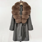 OFTBUY Natural Real Fox Fur Wool Blends Coat Women New Belt Pocket Winter Jacket Female Loose Woolen Outerwear Streetwear