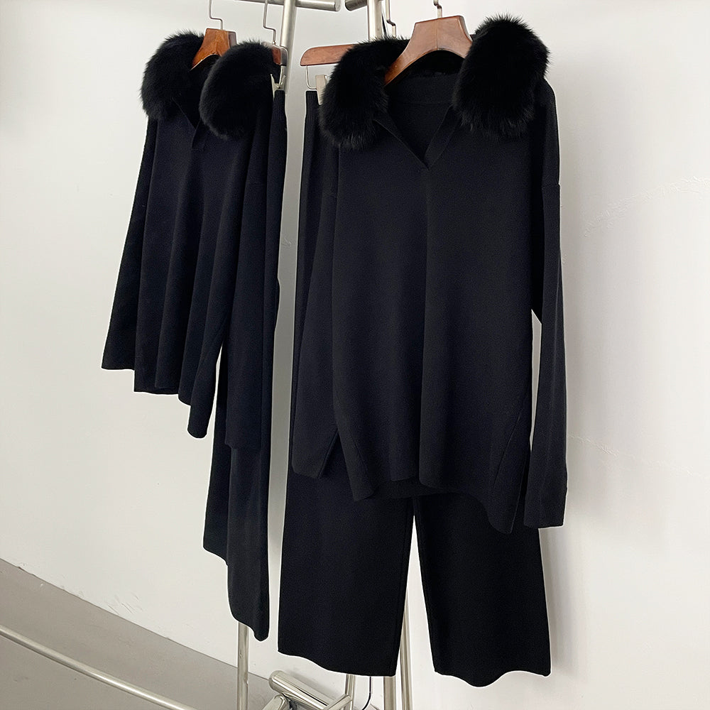 OFTBUY Knitted Pant Set Female Fashion Warm Real Fox Fur Sweater Lady New Autumn Winter Plus Size Woman Clothes Outfits Knitwear