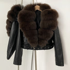 OFTBUY Natural Fox Fur Faux Leather Jacket Female New Autumn Short Top Clothing Women Long Sleeve Fake Leather Real Fur Coat