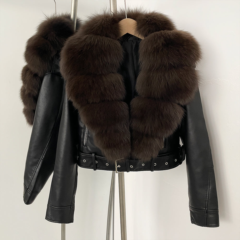 OFTBUY Natural Fox Fur Faux Leather Jacket Female New Autumn Short Top Clothing Women Long Sleeve Fake Leather Real Fur Coat