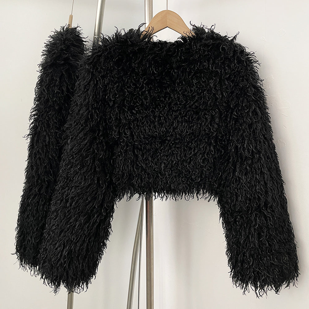 OFTBUY Faux Fur Coat for Women Fur Fluffy Autumn Short Fur Coat Eco-friendly Warm Female New Winter Jacket Long Sleeves O-neck