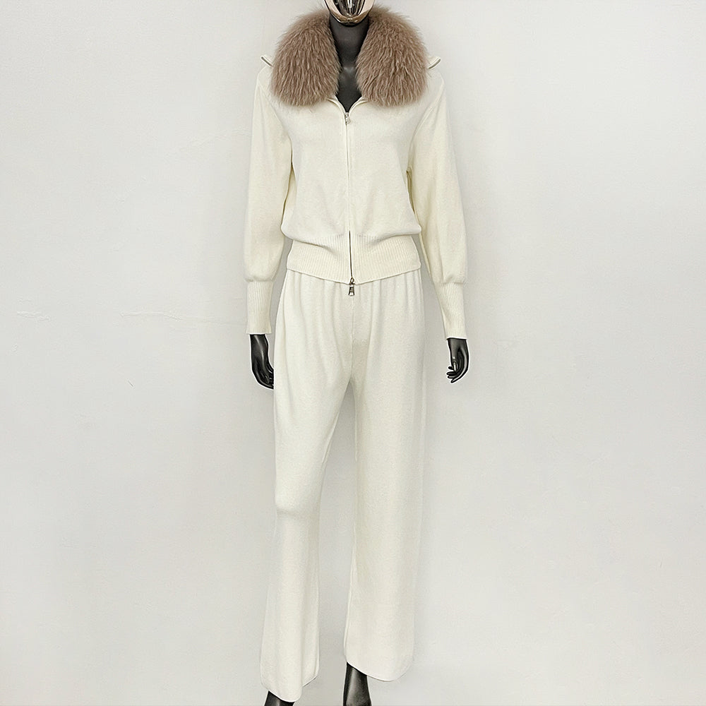 OFTBUY Winter New Women's Knitted Tracksuit Set with Fox Fur Collar Zipper Jacket Wide Leg Pants Luxury Casual Two-Piece Outfit