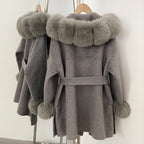 OFTBUY Real Fox Fur Wool Coat Hooded Natural Fur Collar and Cuffs New Autumn Winter Clothes Women Cashmere Woolen Jacket Lady