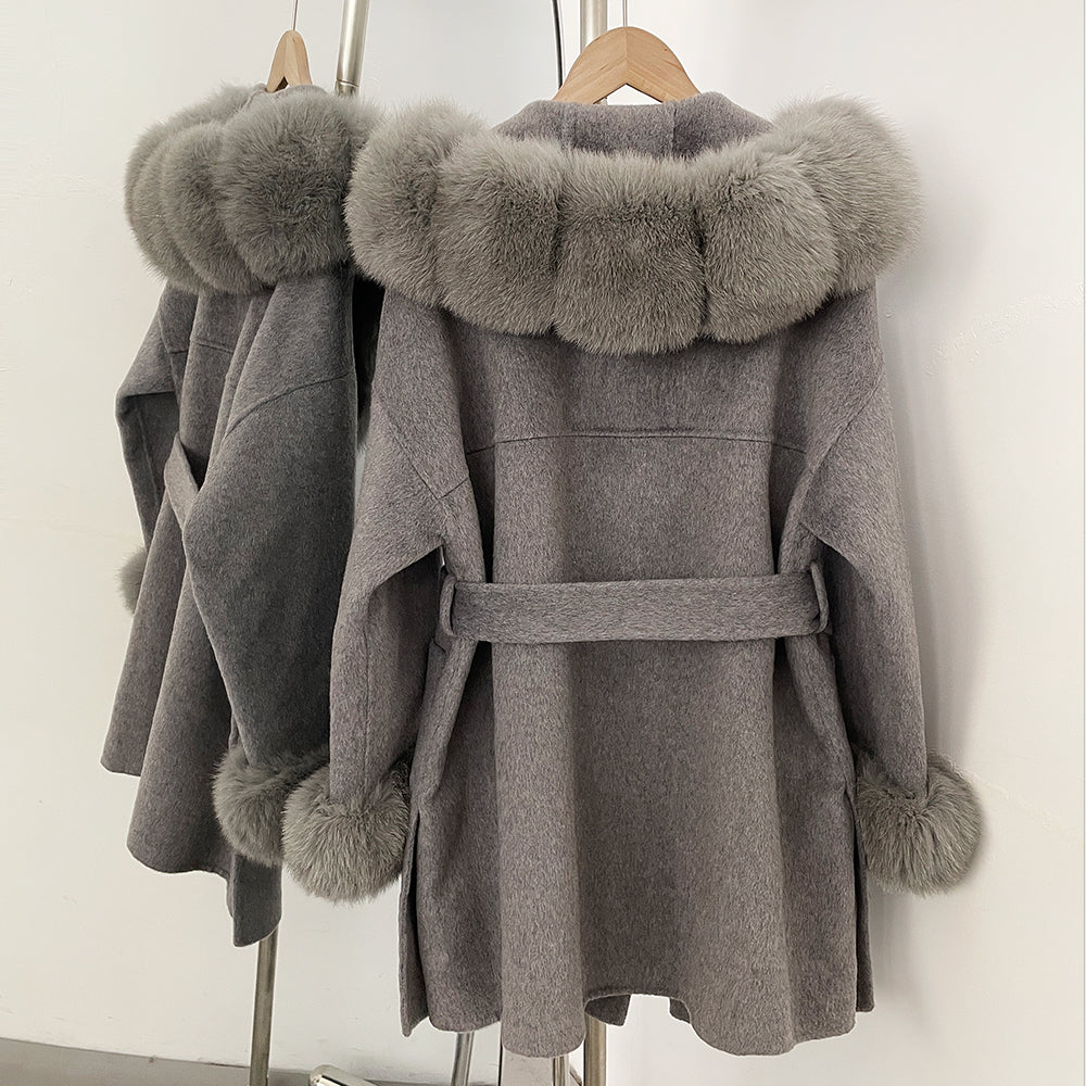 OFTBUY Real Fox Fur Wool Coat Hooded Natural Fur Collar and Cuffs New Autumn Winter Clothes Women Cashmere Woolen Jacket Lady