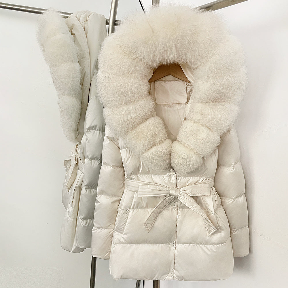 OFTBUY New Women's Duck Down Jacket with Large Real Fox Fur Hood Belted Waist Warm Winter Puffer Coat Lady Luxury Outerwear