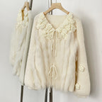 OFTBUY New Spring Winter Real Fox Fur Cardigan Clothing Women 3D Flowers Kint Sweater Coat Female Loose V-neck Knitwear Jacket