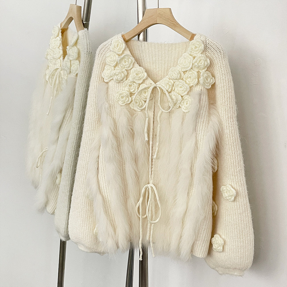 OFTBUY New Spring Winter Real Fox Fur Cardigan Clothing Women 3D Flowers Kint Sweater Coat Female Loose V-neck Knitwear Jacket