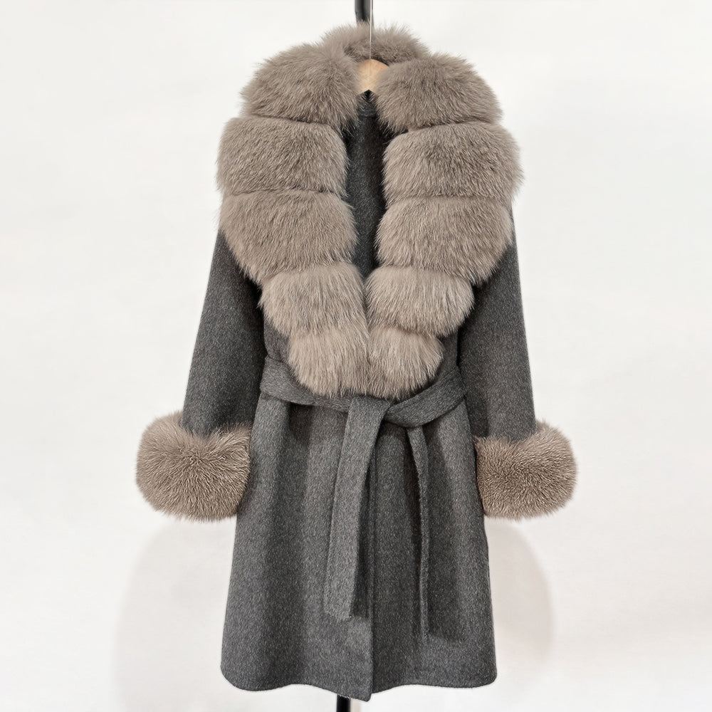 OFTBUY New Autumn Winter Top Clothes Women Belt Natural Fur Wool Coat Female Fashion Warm Woolen Jacket with Real Fox Fur Collar