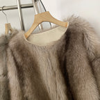 OFTBUY Luxury Collarless Faux Fur Jacket - Chic Short Fluffy Vegan Fur Coat for Women
