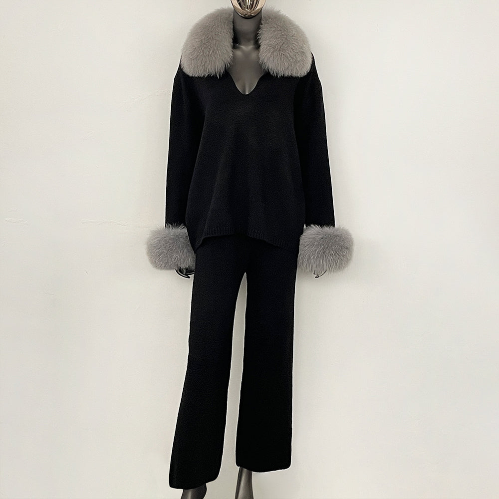OFTBUY Loose Pants Warm Winter Elegant Casual Outfit Sweater Female New Women's Knit Two Piece Set with Real Fox Fur Collar