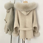 OFTBUY Hooded Big Natural Fur Belt Wool Coat Women New Autumn Winter Real Fox Fur Clothes Female Pocket Luxury Woolen Coat Lady