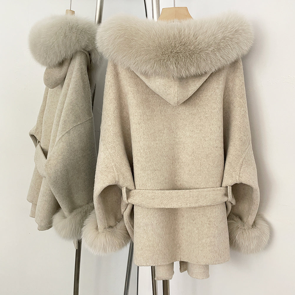 OFTBUY Hooded Big Natural Fur Belt Wool Coat Women New Autumn Winter Real Fox Fur Clothes Female Pocket Luxury Woolen Coat Lady