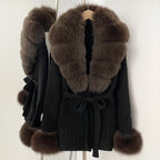 OFTBUY Belted Waist Striped Texture Pockets New Women's Knit Coat with Large Real Fox Fur Collar Winter Luxury Elegant Outerwear