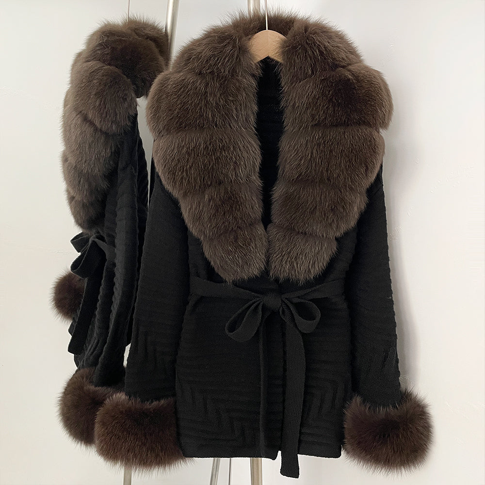 OFTBUY Belted Waist Striped Texture Pockets New Women's Knit Coat with Large Real Fox Fur Collar Winter Luxury Elegant Outerwear