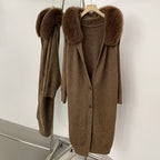 OFTBUY Hooded Long Knitted Cardigan Women Fashion New Spring Autumn Clothes Female Thick Warm Real Fox Fur Knitting Jacket Lady