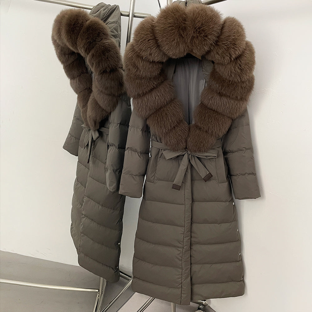 OFTBUY Hooded Winter White Duck Down Coat Large Real Fox Fur Collar X-Long Puffer Jacket Women Thick Female Parkas With Belt