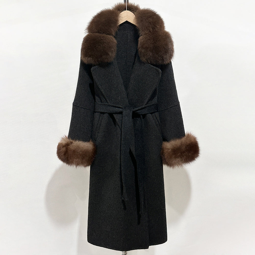 OFTBUY Belted Long Warm Winter Elegant Fashion Outerwear New Women's Double-Faced Wool Coat with Real Fox Fur Collar and Cuffs