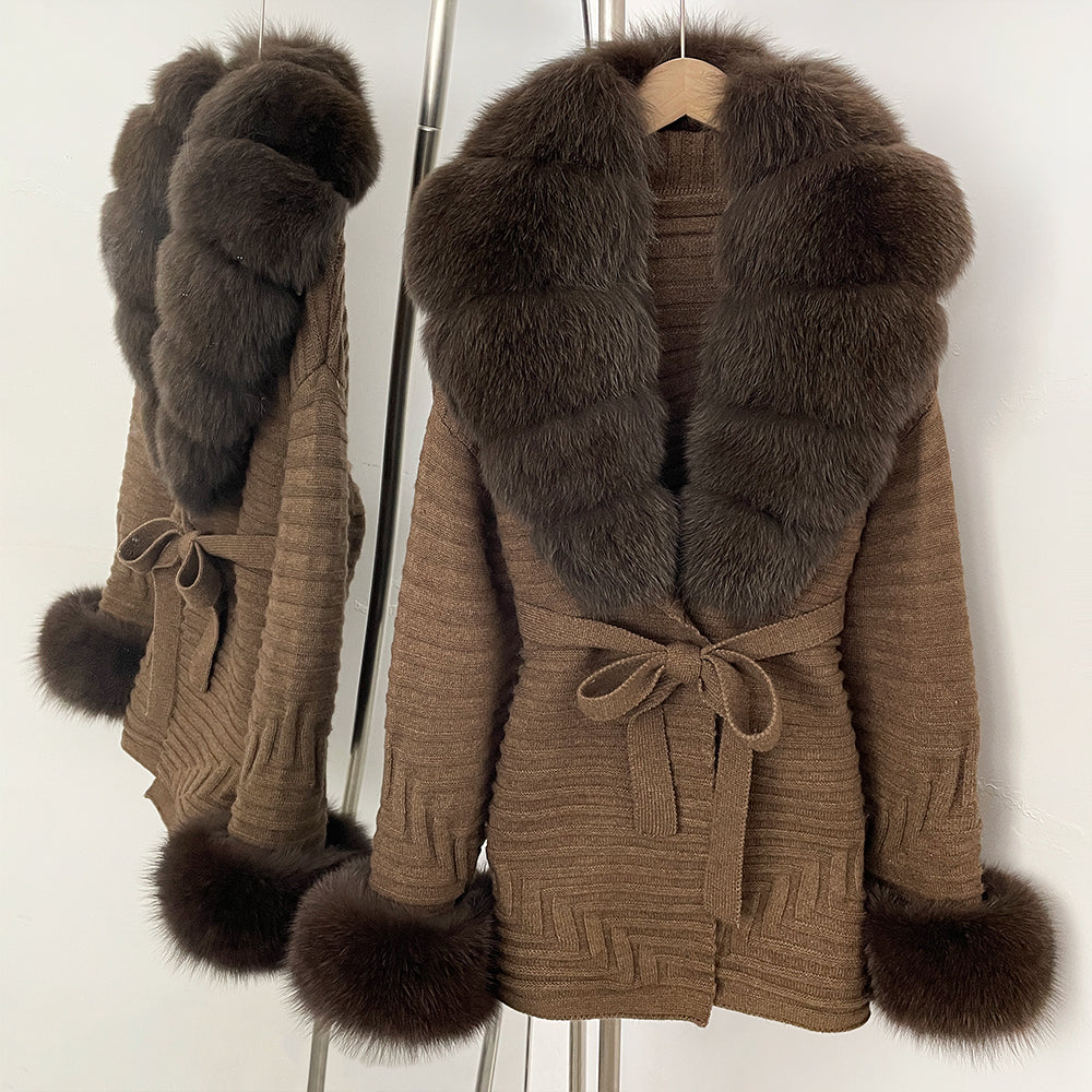 OFTBUY Belted Waist Striped Texture Pockets New Women's Knit Coat with Large Real Fox Fur Collar Winter Luxury Elegant Outerwear