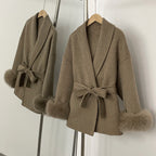OFTBUY 100% Wool Wrap Belted Short Coat - Wide Shawl Lapel Real Fox Fur Cuff Luxury Double Sided Wool Jacket