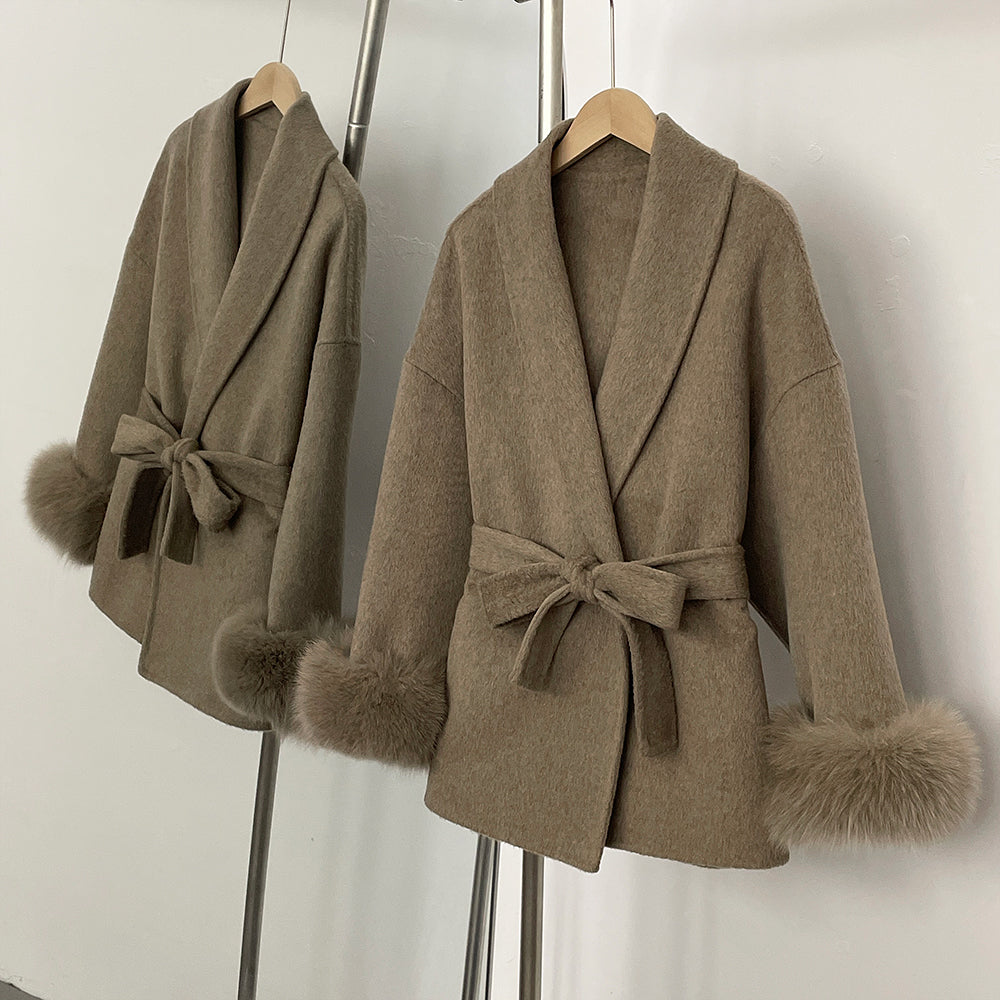 OFTBUY 100% Wool Wrap Belted Short Coat - Wide Shawl Lapel Real Fox Fur Cuff Luxury Double Sided Wool Jacket