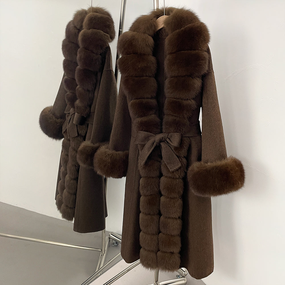 OFTBUY Long Big Fox Fur Pinnacle 100% Wool Coat Female New Autumn Winter Clothes Women Belt Natural Fur Collar Woolen Jacket