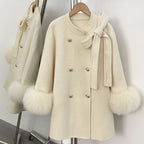 OFTBUY Bow Wool Jacket Mid-length Round Neck 100% Wool Coat Female New Autumn Winter Double-breasted Real Fox Fur Woolen Clothes