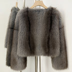 OFTBUY Luxury Collarless Faux Fur Jacket - Chic Short Fluffy Vegan Fur Coat for Women