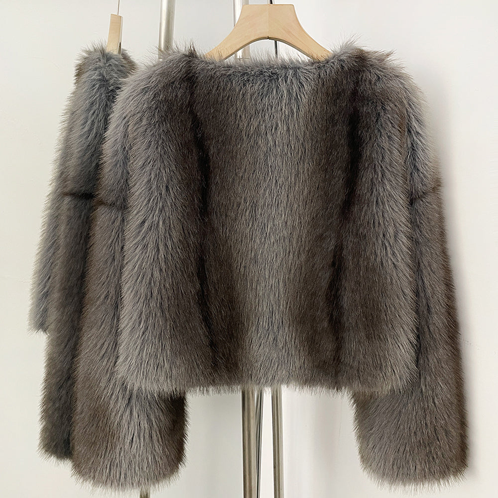 OFTBUY Luxury Collarless Faux Fur Jacket - Chic Short Fluffy Vegan Fur Coat for Women