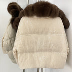 OFTBUY Sequined Duck Down Coat Female New Women's Short Puffer Jacket with Real Fox Fur Collar  Luxury Sparkly Winter Outerwear