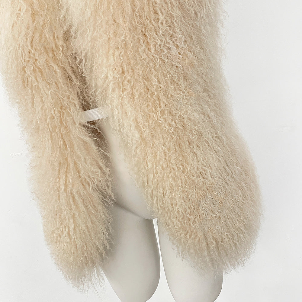 OFTBUY Solid Deep V-Neck Backless Bandage Sleeveless Jackets Fluffy Luxury Real Mongolian Fur Halter Vests Women Outerwear Coat