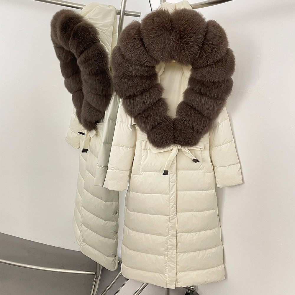 OFTBUY Hooded Winter White Duck Down Coat Large Real Fox Fur Collar X-Long Puffer Jacket Women Thick Female Parkas With Belt