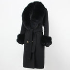 OFTBUY Winter Jacket Women Long Natural Wool Blends Cashmere Real Fur Coat Double Breasted Belt Warm Streetwear New Fashion